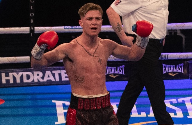 Unbeaten Top Rank prospect, Paddy Donovan celebrates after another impressive win Photo Credit: Scott Rawsthorne / MTK Global