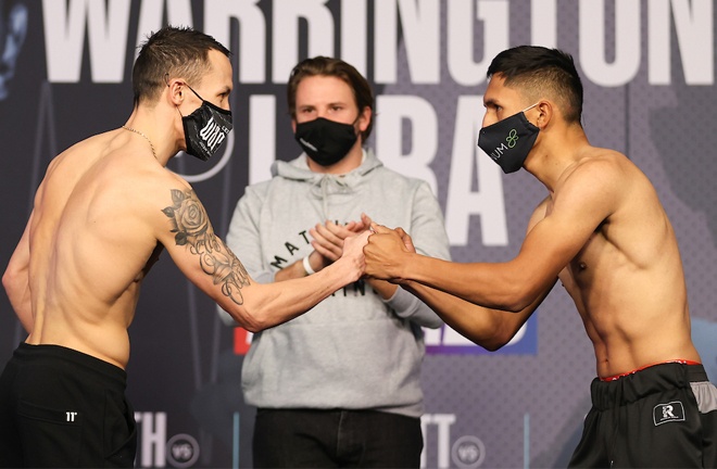 Josh Warrington and Mauricio Lara embrace ahead of their main event clash Photo Credit: Mark Robinson/Matchroom Boxing