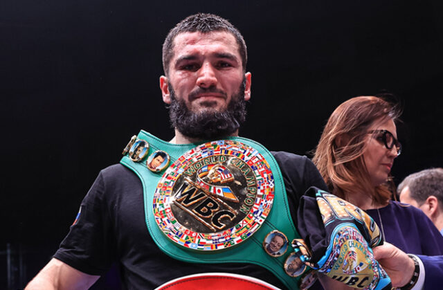 Artur Beterbiev retained his WBC and IBF Light Heavyweight titles with a tenth round stoppage of Adam Deines in Moscow Photo Credit: Top Rank