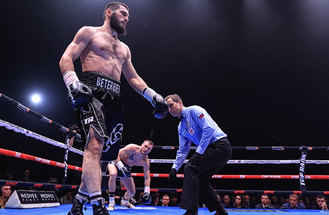 Beterbiev floored Deines in the opening round Photo Credit: Top Rank