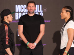 Jessica McCaskill and Cecilia Braekhus came face-to-face at Thursday's press conference ahead of their rematch on Saturday Photo Credit: Ed Mulholland/Matchroom