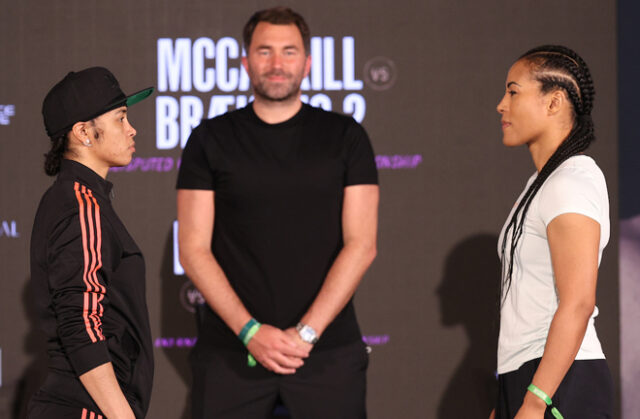 Jessica McCaskill and Cecilia Braekhus came face-to-face at Thursday's press conference ahead of their rematch on Saturday Photo Credit: Ed Mulholland/Matchroom