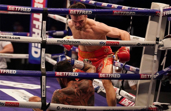 Anthony Fowler knocked out Jorge Fortea in three rounds to retain his WBA International Super Welterweight title Photo Credit: Dave Thompson/Matchroom Boxing