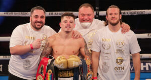 Lee McGregor celebrates with his team including trainer Ben Davison after winning the European Bantamweight title on Friday Photo Credit: Scott Rawsthorne/MTK Global