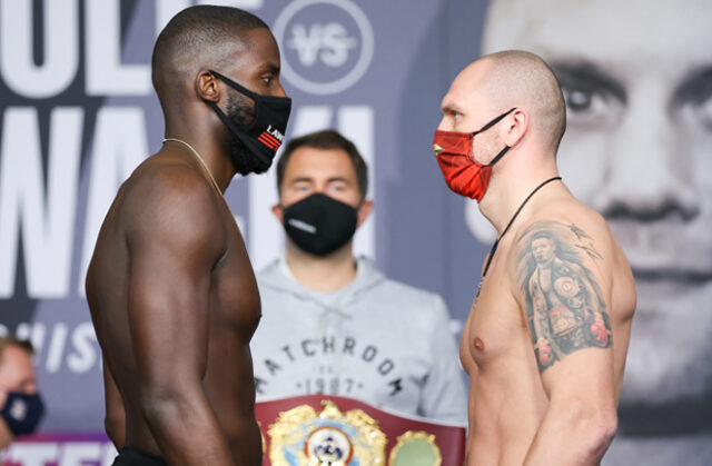 Lawrence Okolie and Krzysztof Glowacki both made weight ahead of their vacant WBO Cruiserweight title clash Photo Credit: Mark Robinson/Matchroom Boxing Lawrence Okolie and Krzysztof Glowacki both made weight ahead of their vacant WBO Cruiserweight title clash Photo Credit: Mark Robinson/Matchroom Boxing