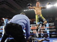 Oscar Valdez celebrates his stunning victory over Miguel Berchelt in Las Vegas Photo Credit: Mikey Williams/Top Rank via Getty Images