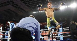 Oscar Valdez celebrates his stunning victory over Miguel Berchelt in Las Vegas Photo Credit: Mikey Williams/Top Rank via Getty Images