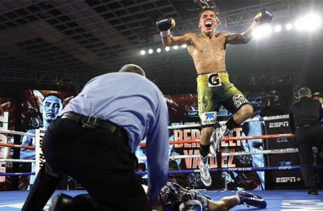 Oscar Valdez celebrates his stunning victory over Miguel Berchelt in Las Vegas Photo Credit: Mikey Williams/Top Rank via Getty Images