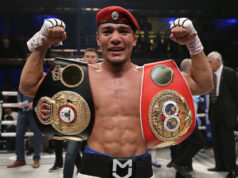 Murodjon Akhmadaliev retained his WBA and IBF Super Bantamweight titles with a fifth round stoppage of Ryosuke Isawa in Uzbekistan Photo Credit: Ed Mulholland/Matchroom Boxing USA
