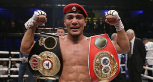 Murodjon Akhmadaliev retained his WBA and IBF Super Bantamweight titles with a fifth round stoppage of Ryosuke Isawa in Uzbekistan Photo Credit: Ed Mulholland/Matchroom Boxing USA