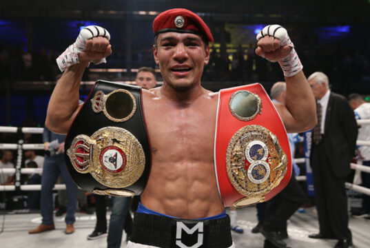 Murodjon Akhmadaliev retained his WBA and IBF Super Bantamweight titles with a fifth round stoppage of Ryosuke Isawa in Uzbekistan Photo Credit: Ed Mulholland/Matchroom Boxing USA