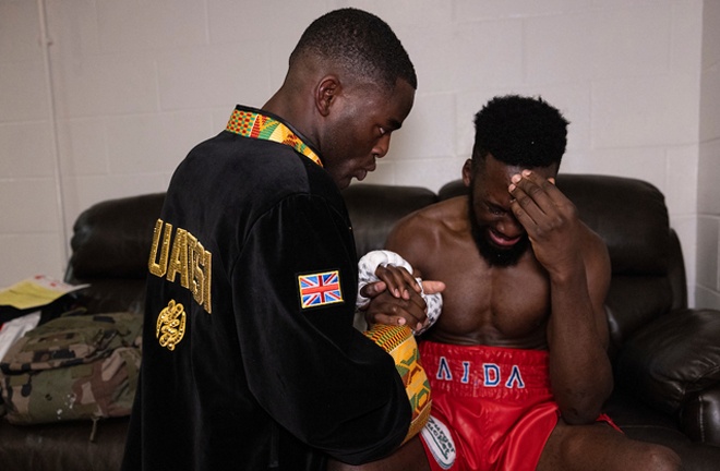 Buatsi consoles Dos Santos in the dressing room post-fight Photo Credit: Mark Robinson/Matchroom Boxing