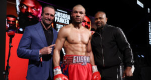 Chris Eubank Jr alongside promoter Kalle Sauerland (L) and trainer Roy Jones Jr (R) Photo Credit: Mark Robinson/Matchroom Boxing