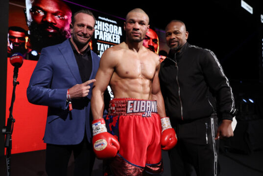 Chris Eubank Jr alongside former promoter Kalle Sauerland (L) and trainer Roy Jones Jr (R) Photo Credit: Mark Robinson/Matchroom Boxing