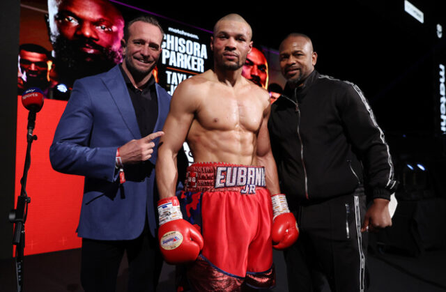 Chris Eubank Jr alongside promoter Kalle Sauerland (L) and trainer Roy Jones Jr (R) Photo Credit: Mark Robinson/Matchroom Boxing