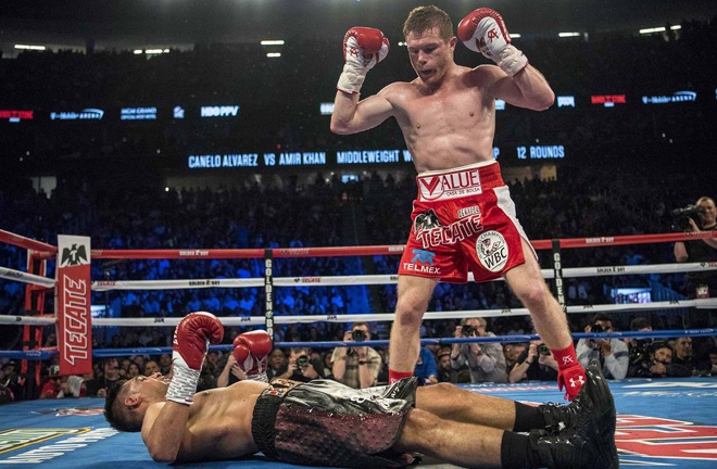 Canelo brutally knocked out Khan in 2016, who describes it as the hardest shot he has ever taken Photo Credit: REUTERS