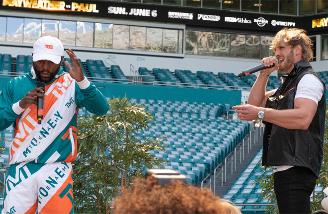 Mayweather and Paul traded words on the stage at the Hard Rock Stadium last Thursday Photo Credit: proboxing-fans.com