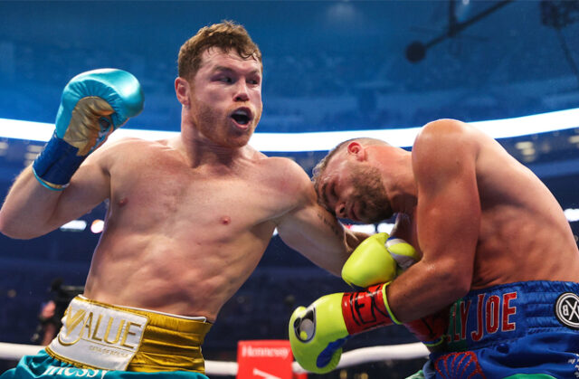 Canelo Alvarez secured an eighth round TKO over Billy Joe Saunders, who was unable to continue after an injury in Texas on Saturday Photo Credit: Ed Mulholland/Matchroom