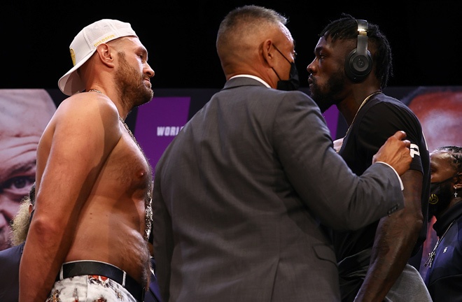 Fury came face-to-face with Deontay Wilder on Tuesday at the announcement of their trilogy Photo Credit: Mikey Williams/Top Rank via Getty Images