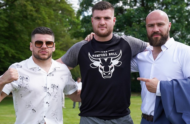 Fisher (centre) alongside Florian Marku (left) and Alen Babic (right) at the Fight Camp launch on Monday Photo Credit: Dave Thompson/Matchroom Boxing