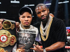 Gervonta Davis alongside promoter Floyd Mayweather after defeating Mario Barrios Photo Credit: Sean Michael Ham/Mayweather Promotions
