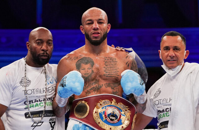 Lyndon Arthur celebrates with his team after beating Davide Faraci at the Royal Albert Hall Photo Credit: Round 'N' Bout Media/Queensberry Promotions