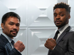 Manny Pacquiao and Errol Spence Jr pictured at the first press conference on Sunday ahead of their world title showdown on August 21st Photo Credit: Ryan Hafey/Premier Boxing Champions