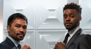 Manny Pacquiao and Errol Spence Jr pictured at the first press conference on Sunday ahead of their world title showdown on August 21st Photo Credit: Ryan Hafey/Premier Boxing Champions