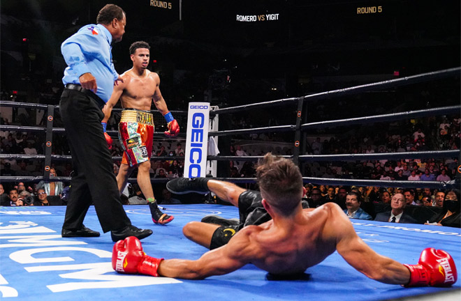 Rolando Romero knocked out Anthony Yigit in the seventh round to retain his WBA interim Lightweight title Photo Credit: Sean Michael Ham/TGB Promotions