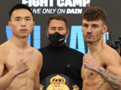 Leigh Wood challenges WBA 'Regular' Featherweight world champion, Xu Can at Fight Camp Photo Credit: Mark Robinson/Matchroom Boxing