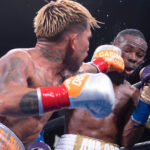 John Riel Casimero and Guillermo Rigondeaux trading blows for Casimero’s WBO bantamweight title at the Dignity Health Sports Park in Carson, California.