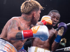 John Riel Casimero and Guillermo Rigondeaux trading blows for Casimero's WBO bantamweight title at the Dignity Health Sports Park in Carson, California.