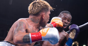 John Riel Casimero and Guillermo Rigondeaux trading blows for Casimero's WBO bantamweight title at the Dignity Health Sports Park in Carson, California.