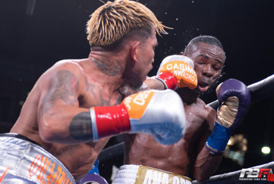 John Riel Casimero and Guillermo Rigondeaux trading blows for Casimero's WBO bantamweight title at the Dignity Health Sports Park in Carson, California.