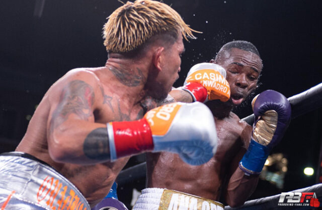 John Riel Casimero and Guillermo Rigondeaux trading blows for Casimero's WBO bantamweight title at the Dignity Health Sports Park in Carson, California.