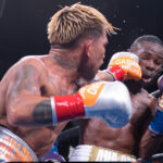 John Riel Casimero and Guillermo Rigondeaux trading blows for Casimero’s WBO bantamweight title at the Dignity Health Sports Park in Carson, California.