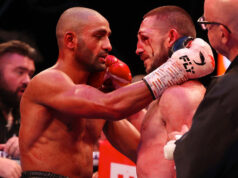 Kid Galahad embraces with James 'Jazza' Dickens after a 11th round stoppage win to claim the vacant IBF Feather title. Photo Credit: Matchroom Boxing.