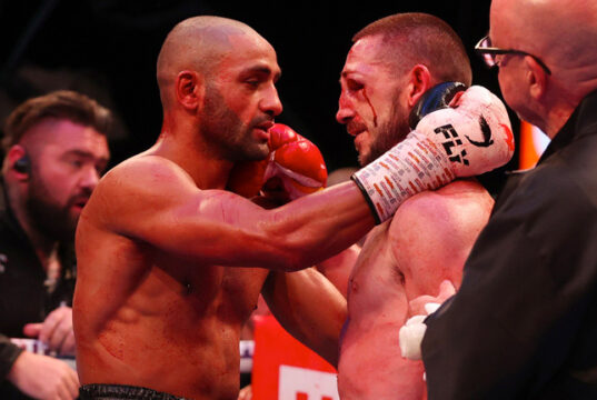 Kid Galahad embraces with James 'Jazza' Dickens after a 11th round stoppage win to claim the vacant IBF Feather title. Photo Credit: Matchroom Boxing.