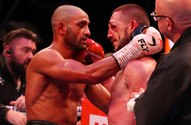 Kid Galahad embraces with James 'Jazza' Dickens after a 11th round stoppage win to claim the vacant IBF Feather title. Photo Credit: Matchroom Boxing.