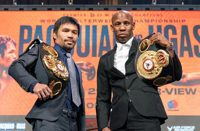 Manny Pacquiao and Yordenis Ugas pictured at Wednesday's press conference Photo Credit: Ryan Hafey/Premier Boxing Champions