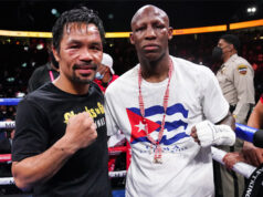 Yordenis Ugas and Manny Pacquiao embraced after their fight in Las Vegas on Saturday night Photo Credit: Sean Michael Ham/TGB Promotions