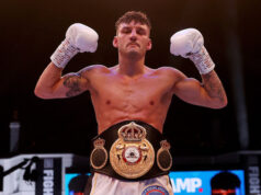 Leigh Wood celebrates after becoming WBA 'regular' featherweight world champion Photo Credit: Mark Robinson/Matchroom Boxing