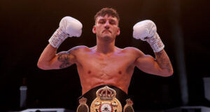 Leigh Wood celebrates after becoming WBA 'regular' featherweight world champion Photo Credit: Mark Robinson/Matchroom Boxing