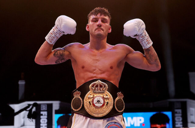 Leigh Wood celebrates after becoming WBA 'regular' featherweight world champion Photo Credit: Mark Robinson/Matchroom Boxing