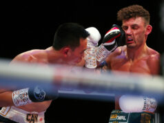 A Life-Changing performance from Leigh Wood saw him overcome Xu Can to become the new WBA World Featherweight Champion last night at Matchroom HQ. Photo Credit: Matchroom Boxing.