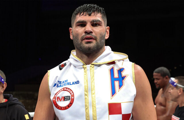 Light-work for Filip Hrgovic as he put in a 5-star performance against Marko Radonjic forcing him to retire after three one-sided rounds where he was dropped five times in total. Photo Credit: Matchroom Boxing