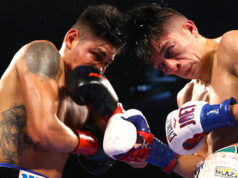 Emanuel Navarrete defended the WBO featherweight title for the second time, as the Mexican took a bruising points win over Joet Gonzalez at the Pechanga Arena in San Diego. Photo Credit: Top Rank Boxing (Twitter).