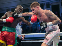 Archie Sharp defended his WBO Global super featherweight title for the first time with a 100-90 points win on all 3 judges scorecards against Alexis Boureima Kabore. Photo Credit: MTK Global.