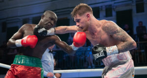 Archie Sharp defended his WBO Global super featherweight title for the first time with a 100-90 points win on all 3 judges scorecards against Alexis Boureima Kabore. Photo Credit: MTK Global.