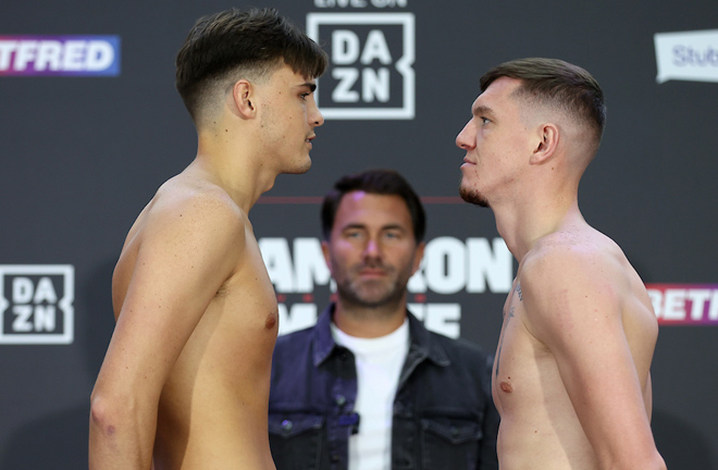 Hedges and Thomas came face-to-face at Friday's weigh-in Photo Credit: Mark Robinson/Matchroom Boxing